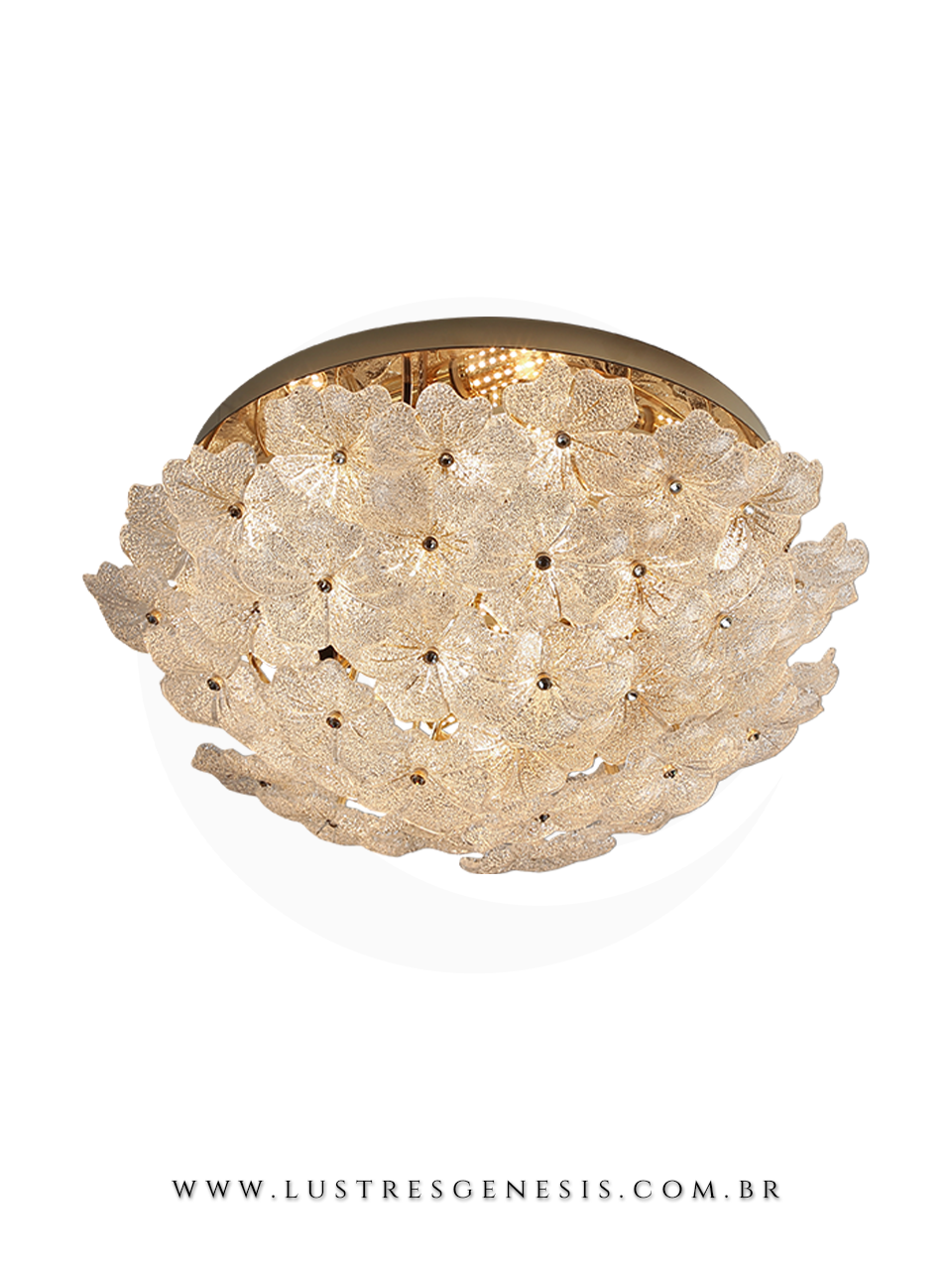 Plafon Redondo Dourado com Vidro Trabalhado Estilo Cl&aacute;ssico